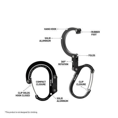 Diagram of HeroClip Small Carabiner Clip And Hook Three In One For Purses Strollers And Backpacks Stealth Black, showing features and materials.