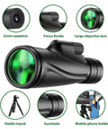 Ultra High Power 80x100 Monocular For Adults With Tripod And Smartphone Bracket, BAK4 Prism And FMC Lens, Crystal Clear Long Range Viewing For Bird Watching, Outdoor Adventures In Black. Black monocular with tripod, focus knob, zoom eyepiece, and phone holder.