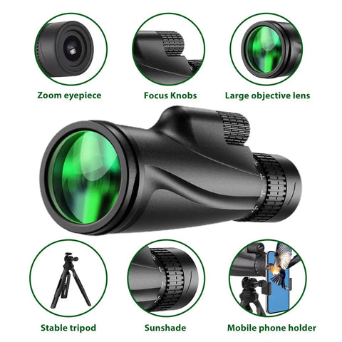 Ultra High Power 80x100 Monocular For Adults With Tripod And Smartphone Bracket, BAK4 Prism And FMC Lens, Crystal Clear Long Range Viewing For Bird Watching, Outdoor Adventures In Black. Black monocular with tripod, focus knob, zoom eyepiece, and phone holder.