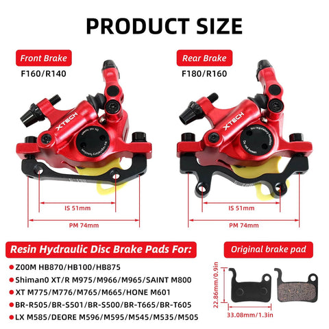 X-TECH hydraulic disc brake caliper set, front and rear, red aluminum alloy for MTB bikes