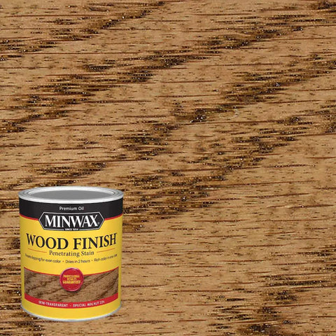 Top Shelf Oil Based Wood Stain In Special Walnut on wood grain background, showing deep color and smooth formula for furniture.