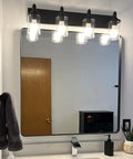 4 Light Vanity Fixture With Crystal Clear Glass Shades In Matte Black Industrial Style For Over Mirror In Bathrooms And Powder Rooms