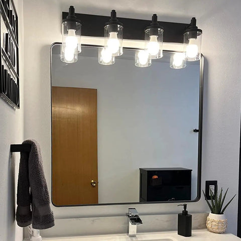 4 Light Vanity Fixture With Crystal Clear Glass Shades In Matte Black Industrial Style For Over Mirror In Bathrooms And Powder Rooms