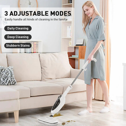 Person using Heavy Hitting 10 In 1 Steam Mop With Detachable Handheld Unit And 3 Reusable Microfiber Pads for deep cleaning stains.