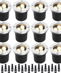 3W Low Voltage LED Landscape Lights 12 Pack With Wire Connectors And Well Lights For Garden Driveway Deck And Tree 300 Lumens Per Light Clear Lens Durable Glass Housing Easy Lit Outdoor Pathway Lighting on display, showing stainless steel body and wire connectors.