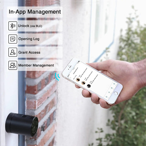 Smart Door Lock With Fingerprint And Bluetooth Control No Key Needed NFC App Code Entry Access Card Backup Keys Black Finish 6 In 1 Keyless Entry For Home Security Auto Lock And Unlock mobile app demonstration
