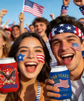 People celebrating with Patriotic 250th Anniversary Can Cooler Sleeves 12 Pack Neoprene Insulated Beverage Holders outdoors.