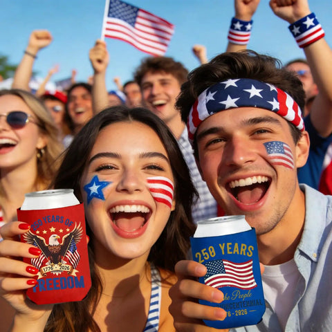 People celebrating with Patriotic 250th Anniversary Can Cooler Sleeves 12 Pack Neoprene Insulated Beverage Holders outdoors.
