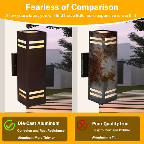 Comparison of Dusk To Dawn Outdoor Wall Light 2 Pack Brown Up Down Sconce Dope Aluminum Porch Lighting against poor quality iron.