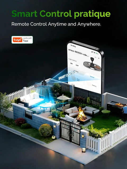 Illustration of smartphone controlling Outdoor 24 Inch Weatherproof Ceiling Fan With Lights For Patio Remote And App Control