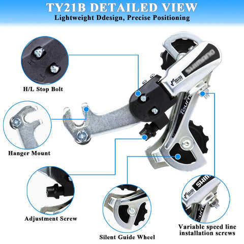 Detailed view of Rear Derailleur RD TY21B 6 and 7 Speed Replacement for mountain bikes showing hanger mount and components
