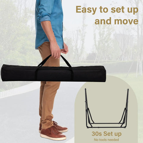 Man carrying 2 In 1 Outdoor Hammock With Stand Hangout Ready Swing Chair Portable Heavy Duty Steel Frame Backyard Vibe in carry bag