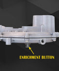 Side view of Low Pressure Gas Regulator KN 039-122 Garretson Style Converter with enrichment button for small engines.
