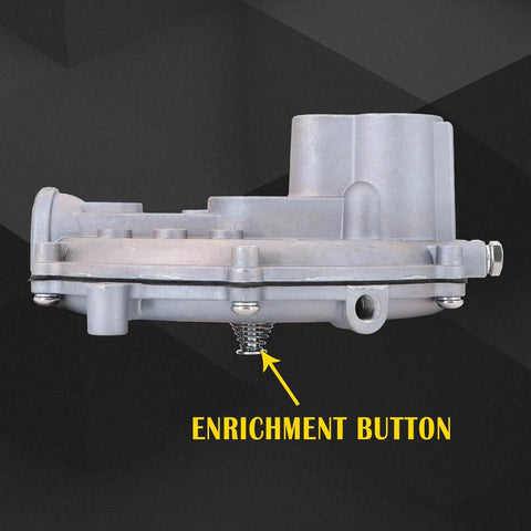 Side view of Low Pressure Gas Regulator KN 039-122 Garretson Style Converter with enrichment button for small engines.