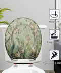 Round Peacock White Heron Blooming Garden Cherry Blossoms Toilet Seat with floral design on bathroom toilet, sturdy resin construction.