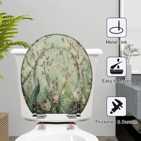 Round Peacock White Heron Blooming Garden Cherry Blossoms Toilet Seat with floral design on bathroom toilet, sturdy resin construction.