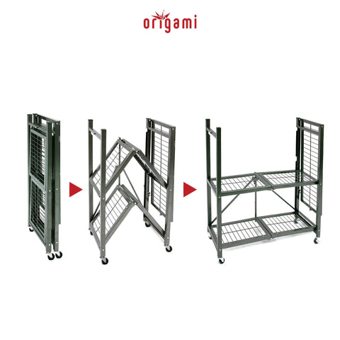Three Tier Foldable Storage Shelf On Wheels, Heavy Duty Rolling Rack, Pewter Finish, Preassembled Portable Steel Organizer For Garage, Laundry, Shop Or Craft Room, Grab And Go Mobile Storage