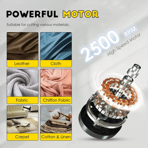 Heavy Duty Electric Rotary Fabric Carpet Cutter With 70mm Octagonal Blade, powerful motor cutting various textiles at 2500 RPM.