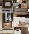 Small Steel Safe Box With Key Lock, 0.2 Cubic Feet, Light Gold Finish, shown in various home settings
