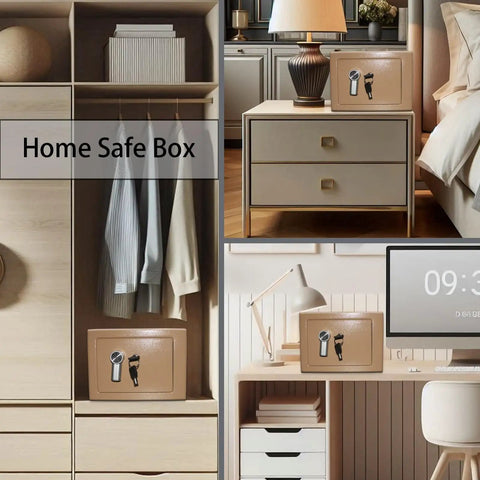 Small Steel Safe Box With Key Lock, 0.2 Cubic Feet, Light Gold Finish, shown in various home settings