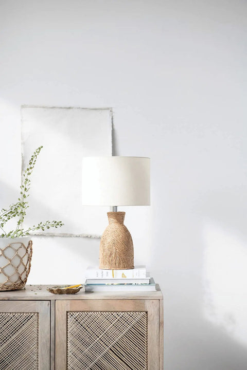 Handwoven Paper Rope Table Lamp With Cotton Shade Boho Chic Nightstand Light For Living Room Neutral Decor Cozy Glow Easy Setup