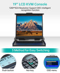 1U Rackmount KVM Switch Console Featuring 19 Inch LCD Display Integrated Keyboard And Touchpad Eight Port VGA Server Manager with hotkey support.