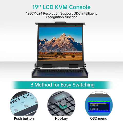 1U Rackmount KVM Switch Console Featuring 19 Inch LCD Display Integrated Keyboard And Touchpad Eight Port VGA Server Manager with hotkey support.