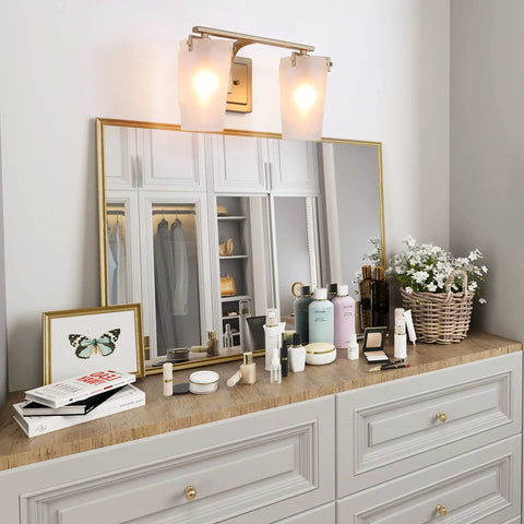 Gold Bathroom Vanity Light Fixture Dope 2 Light Modern Bath Lighting with White Frosted Glass Shades Deep Gold Finish above mirror