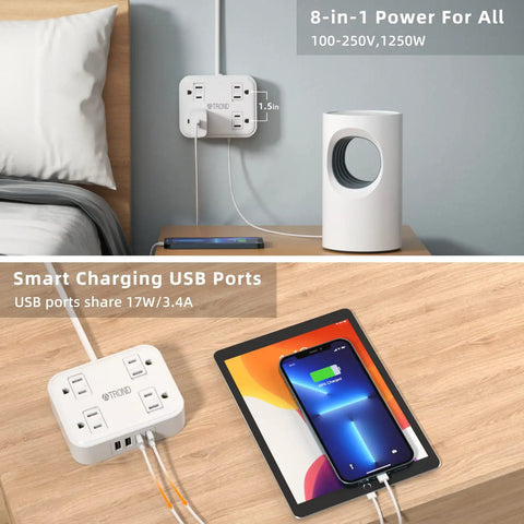 2 Prong To 3 Prong Power Strip Converter With 4 Outlets And 4 USB Ports, 5ft Extension Cord, wall mounted and tabletop setup
