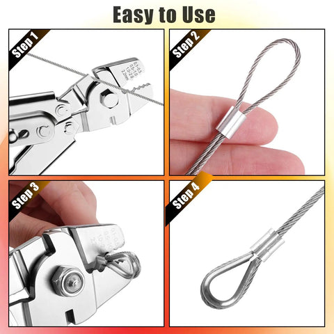 Heavy Duty Wire Rope Crimping Tool Kit With 1/16 Inch Stainless Steel Cable And Cutter, Pro Grade Crimper, 210 Aluminum Crimp Loop Sleeves, 50 Pcs Thimbles, Gloves For Railing, String Lights, And Fishing showing crimping steps