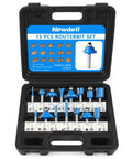 Badass 15 Piece Router Bit Set Featuring Quarter Inch Shank And Dense Tungsten Carbide Tips For Shaping Baseboards Cabinets And Dressers Heavy Duty Aluminum Case open with router bits displayed.