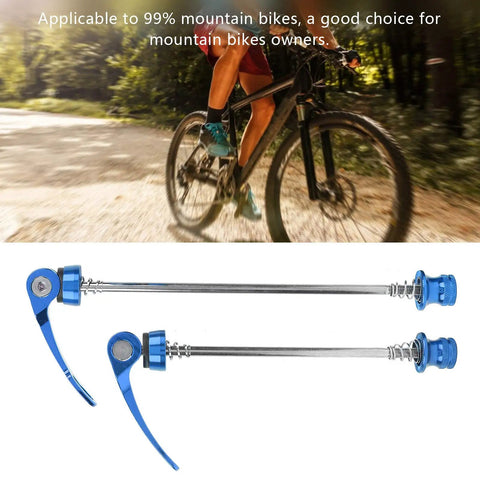 Two Pack Bicycle Wheel Hub Skewers With Quick Release Levers Front 135mm Rear 170mm Lightweight Aluminum Alloy Bike Skewers For Mountain And Road Bikes Blue visible with mountain bike in background