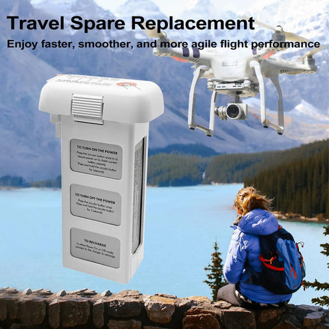 Beefed Up 4500mAh 15.2V Intelligent Flight Battery For DJI Phantom 3 Series with drone in flight over scenic view