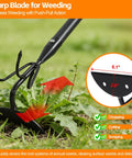 Heavy Duty 52 Inch 2 In 1 Hoe And Cultivator Rake For Weeding And Soil Loosening Long Handle Stand Up Garden Tool in use with sharp blade
