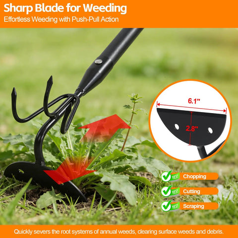 Heavy Duty 52 Inch 2 In 1 Hoe And Cultivator Rake For Weeding And Soil Loosening Long Handle Stand Up Garden Tool in use with sharp blade