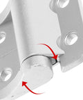 Close-up of a Torque Cabinet Hinge For Kitchen And Home Cabinets, Silver Zinc Alloy Small Size With Adjustable Angle.