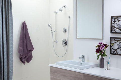 Bathroom with Commercial One-Handle Lavatory Faucet Chrome Finish With Duralast Ceramic Cartridge on modern sink