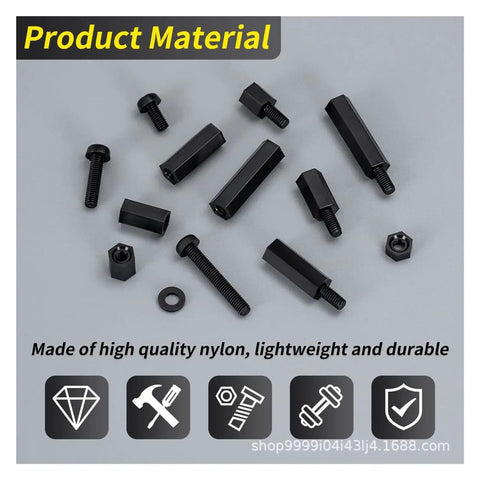 Heavy Duty M3 Black Nylon Pcb Standoff Kit With Screws Nuts Washers showing various nylon standoffs and screws.