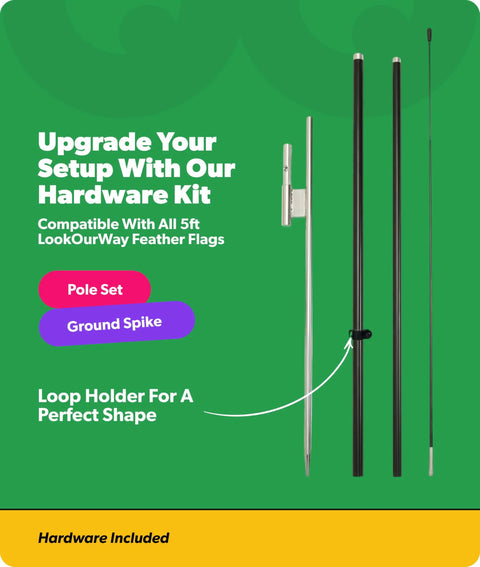 Now Leasing Real Estate Feather Flag Pole Kit 5 Foot Tall Marketing Flags with poles and ground spike hardware featured on a green background