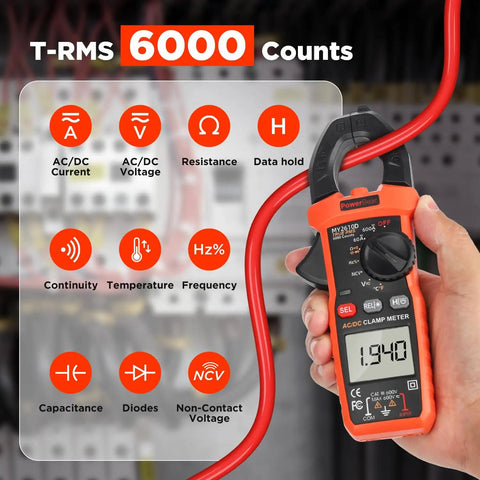 Hand holding Digital Clamp Meter Multimeter 6000 Counts with Auto Ranging True RMS, displaying voltage measurement.