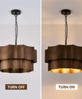 XSDeTu Farmhouse Metal Pendant Light, 2-Tier Chandeliers for Dining Room switched off and on showing warm glow.