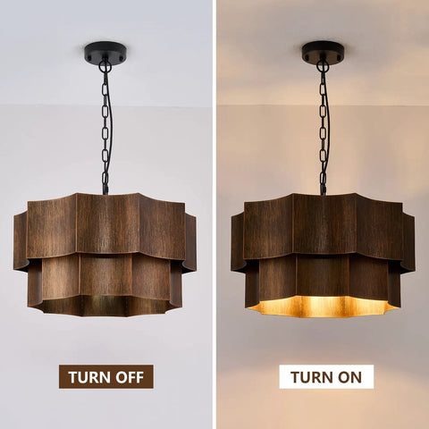 XSDeTu Farmhouse Metal Pendant Light, 2-Tier Chandeliers for Dining Room switched off and on showing warm glow.