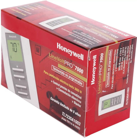 Box packaging of TL7235A1003 Line Voltage Pro Non Programmable Digital Thermostat With Electronic Temperature Control 240 Volt
