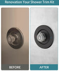 Moen Chateau Shower Trim Kit For Single Handle Valve With Matte Black Finish No Brainer Pull On Push Off Knob Compatible With 1220 And 1225 Cartridges Clear Hot Cold Labels On Knob And Escutcheon Includes Escutcheon Plate Cartridge Not Included; before and after shower trim