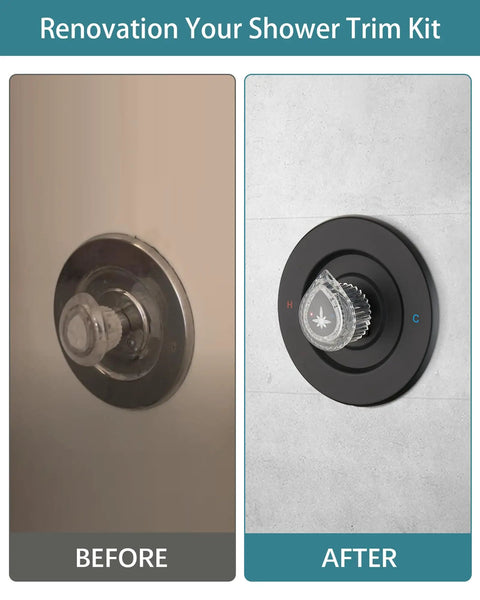 Moen Chateau Shower Trim Kit For Single Handle Valve With Matte Black Finish No Brainer Pull On Push Off Knob Compatible With 1220 And 1225 Cartridges Clear Hot Cold Labels On Knob And Escutcheon Includes Escutcheon Plate Cartridge Not Included; before and after shower trim