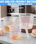 Three Pack Measuring Cups Set 250ml 500ml 1000ml BPA Free Non Toxic Durable Kitchen Tools with Easy Pour Grip on countertop