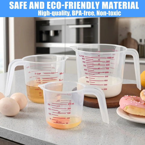 Three Pack Measuring Cups Set 250ml 500ml 1000ml BPA Free Non Toxic Durable Kitchen Tools with Easy Pour Grip on countertop