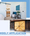Indoor and outdoor view of sliding barn doors with 4 Pack Sliding Barn Door Floor Guide Set With Adjustable Stay Rollers And Felt Pads.