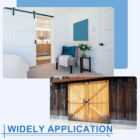 Indoor and outdoor view of sliding barn doors with 4 Pack Sliding Barn Door Floor Guide Set With Adjustable Stay Rollers And Felt Pads.