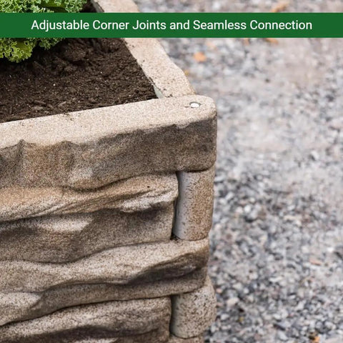 Close-up of raised garden bed kit with ledgestone panels that snap together in 8 by 24 inch natural look stone pattern durable polyurethane